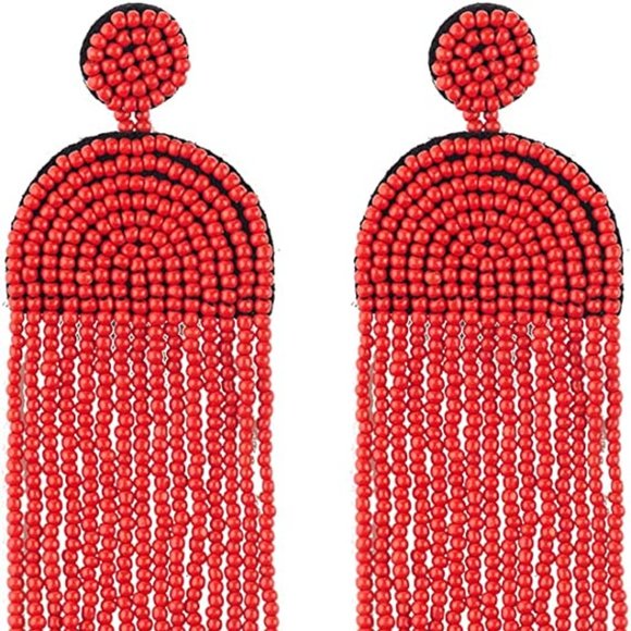 Long 4.5" Red Modern Art Deco Oversized Beaded Earrings Handmade Bohemian Tassel - Picture 3 of 6